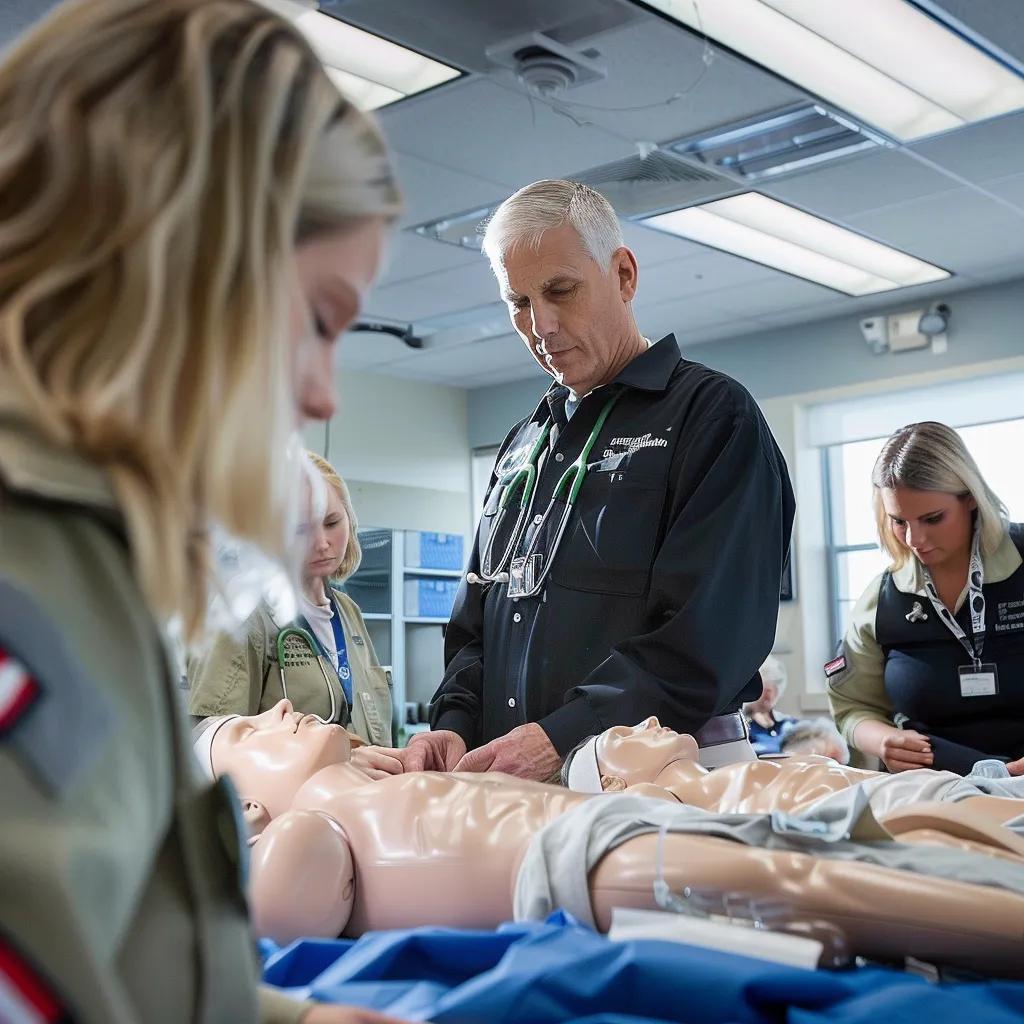 Participants in a TCCC training session practicing emergency medical procedures under instructor guidance