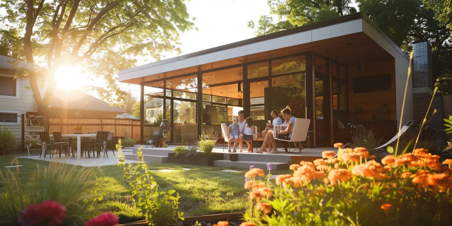 Modern home with large windows and outdoor seating area, family enjoying sunny afternoon in garden with flowers, showcasing functional outdoor living space in Santa Monica.