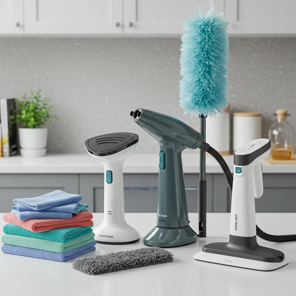 Essential cleaning tools including microfiber cloths and a steam cleaner for effective housekeeping