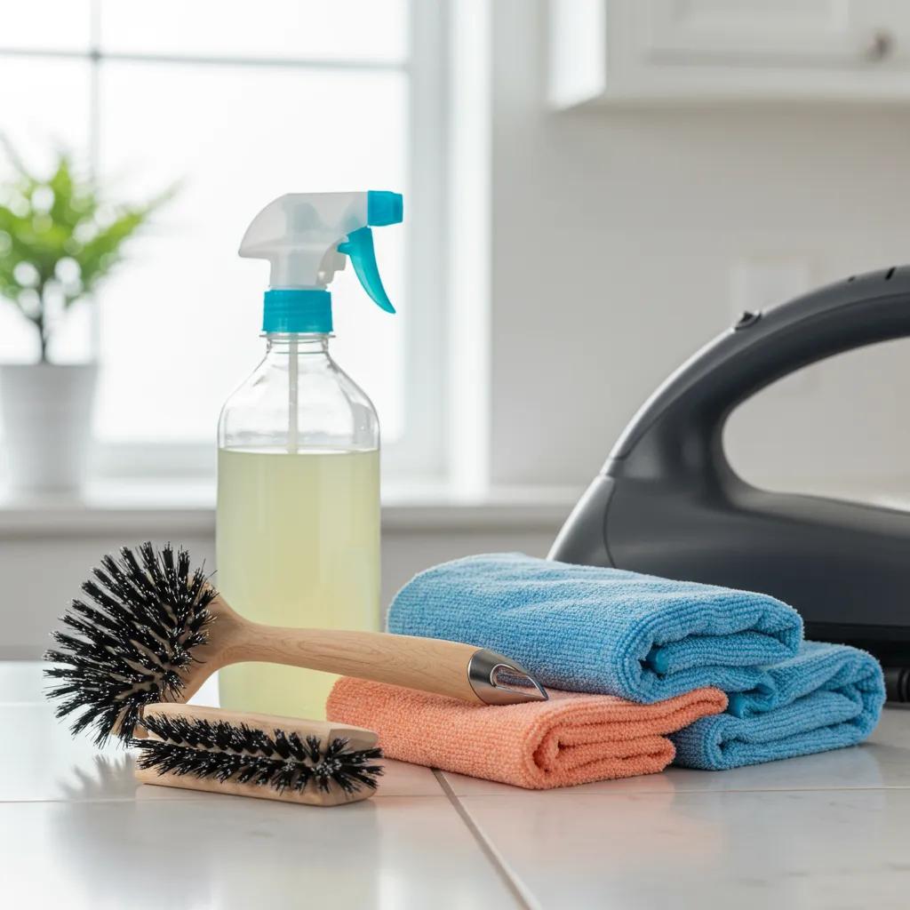 A collection of essential tools for DIY grout cleaning, including a stiff grout brush, a spray bottle, soft microfiber cloths, and a handheld steam cleaner