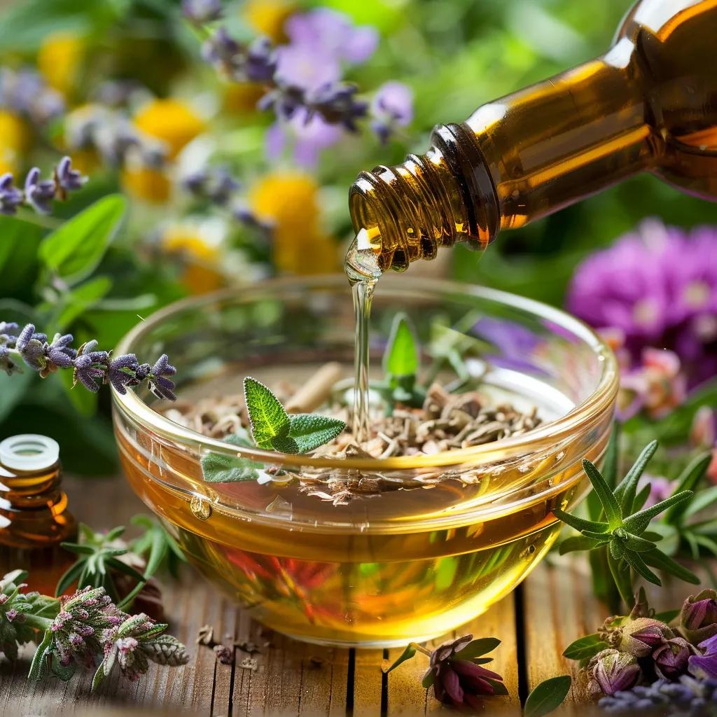 Close-up of essential oils being blended in a glass bowl with herbs and flowers in the background, illustrating the blending process