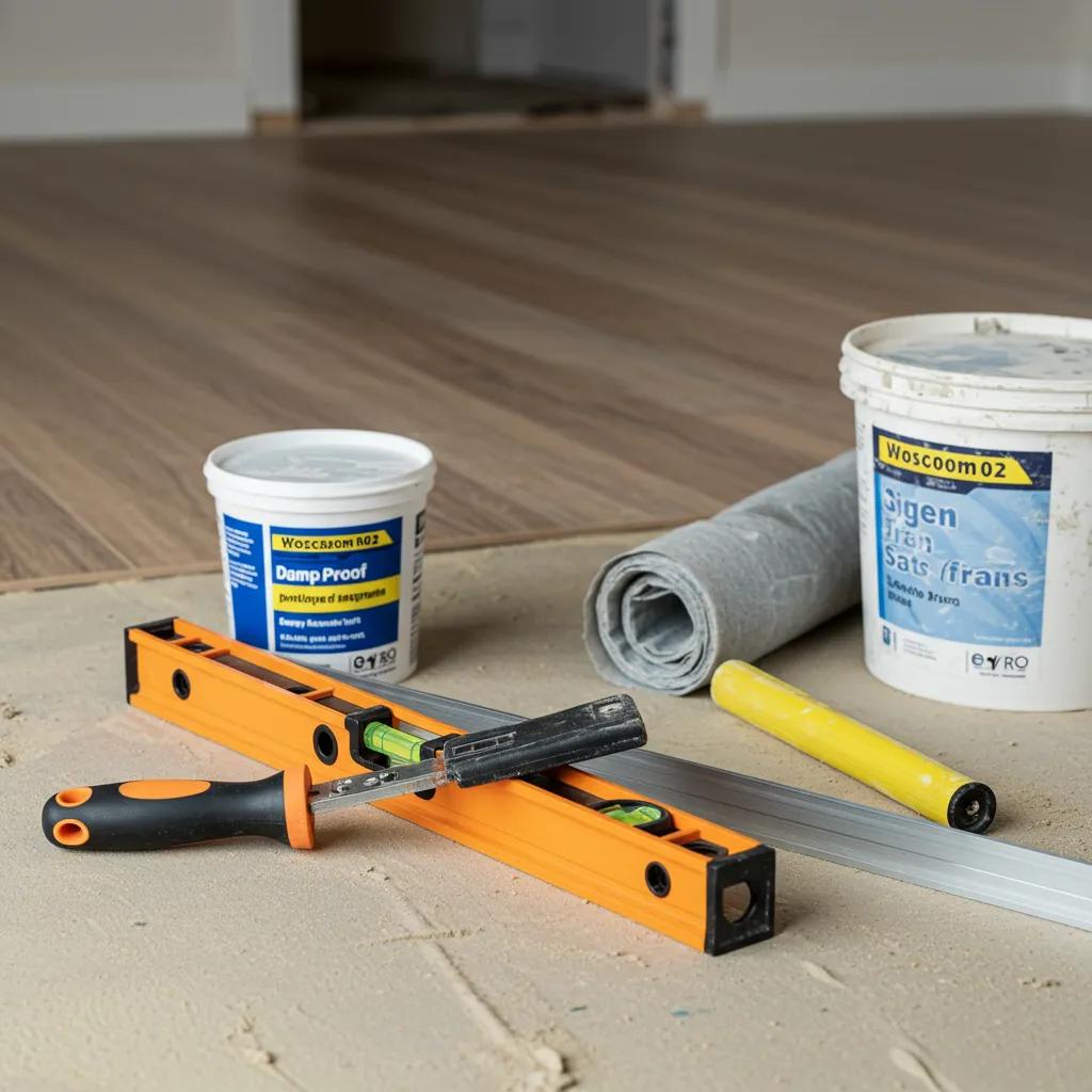 Essential tools for preparing your subfloor, including a spirit level and damp proof membrane