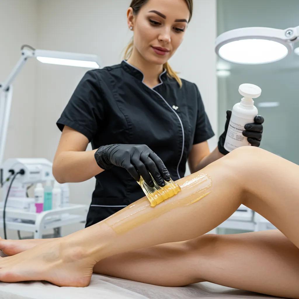 Esthetician applying warm wax to a client's leg in a modern beauty salon, demonstrating the waxing process