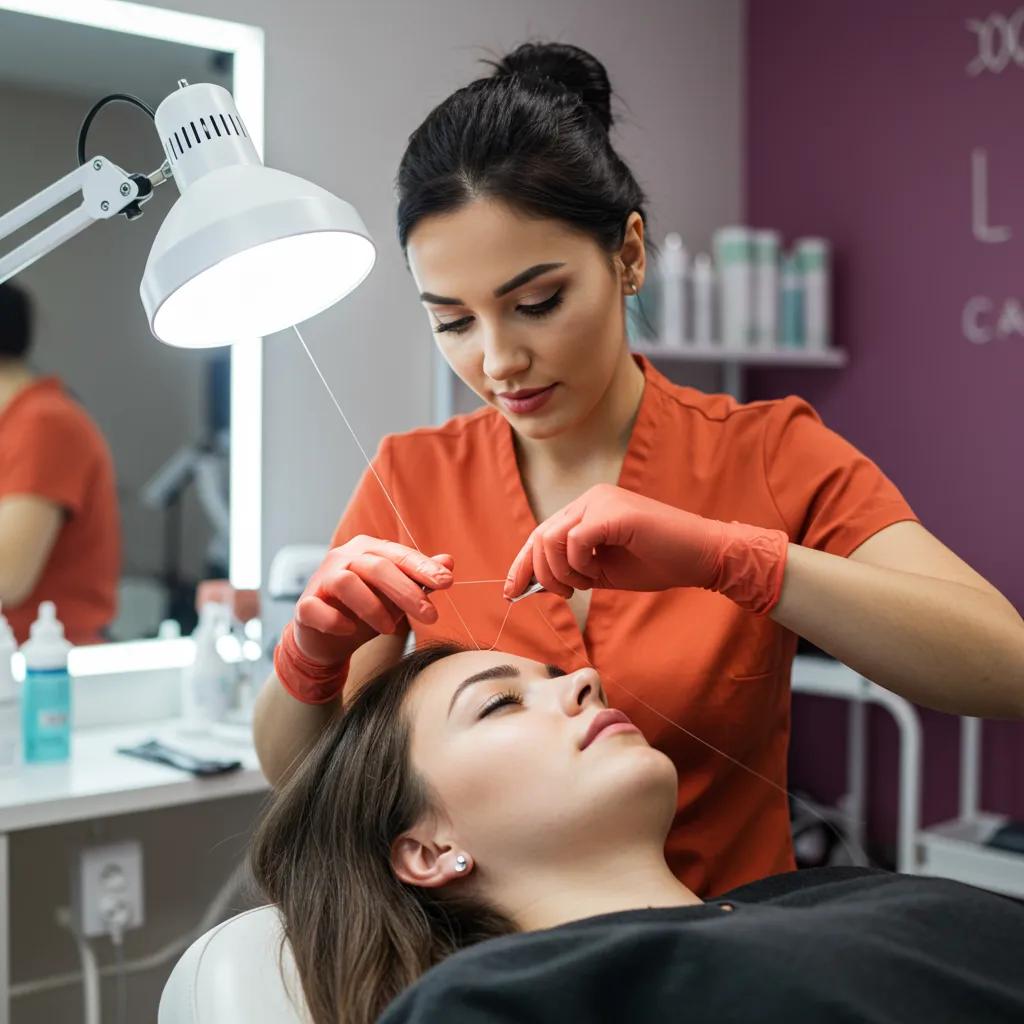 Skilled esthetician expertly threading a client's eyebrows in a chic Woodside salon, highlighting precision and comfort