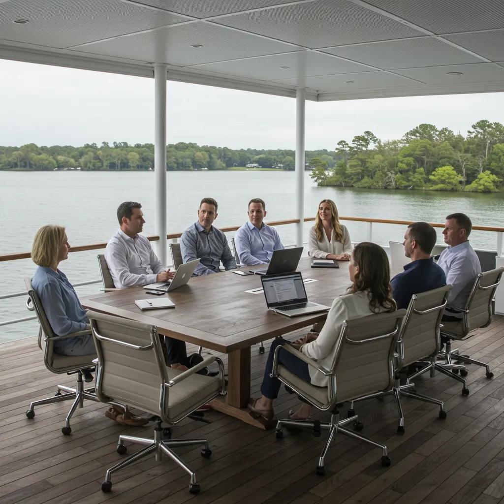 Executives participating in a corporate retreat on The Lillie paddleboat with scenic lake views