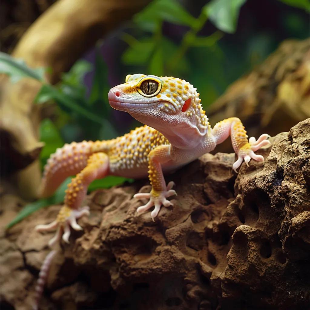 Leopard gecko displaying tail wiggling behavior in a decorated terrarium