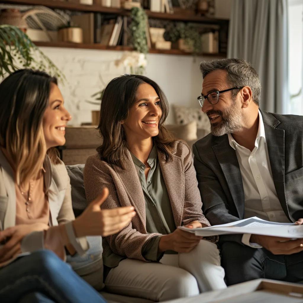 Real estate agent explaining home selling steps to a couple in a cozy living room, highlighting the selling process