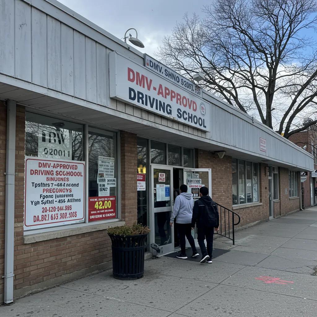 The exterior of a New York DMV-approved driving school with students entering