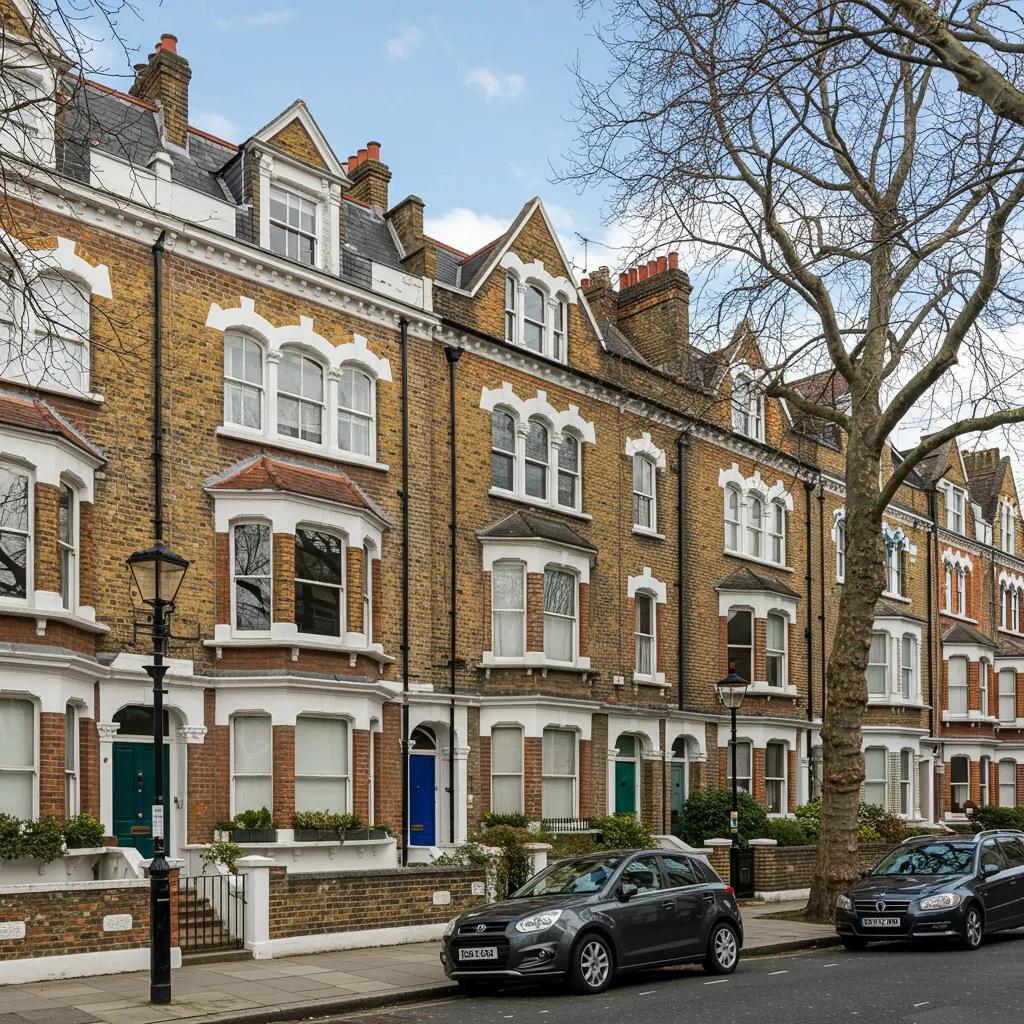An exterior view of classic Victorian and Edwardian terrace houses in Fulham, highlighting their distinctive architectural details