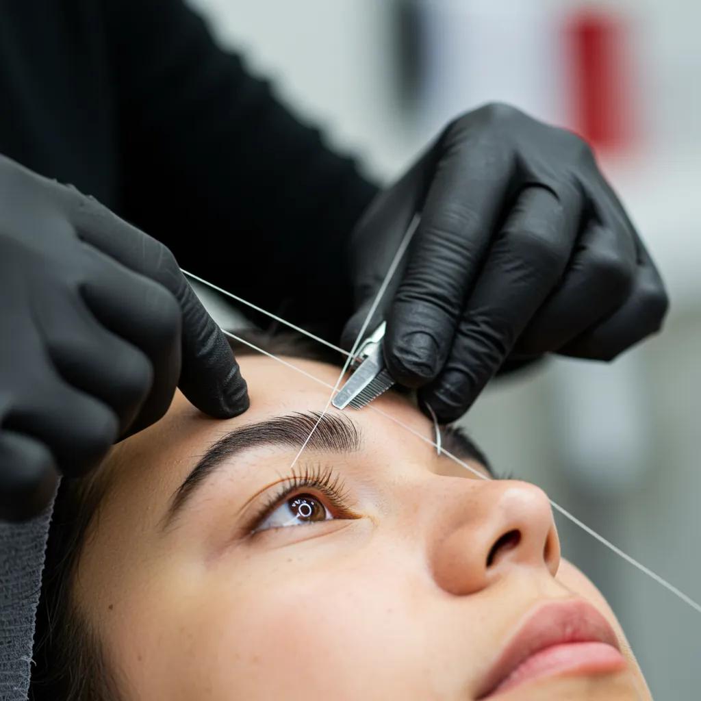 Eyebrow threading process in a beauty salon, emphasizing the technique and care involved