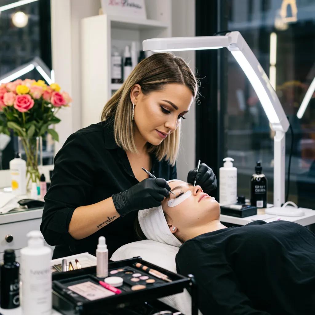 Eyelash technician applying extensions in a luxurious New York City salon