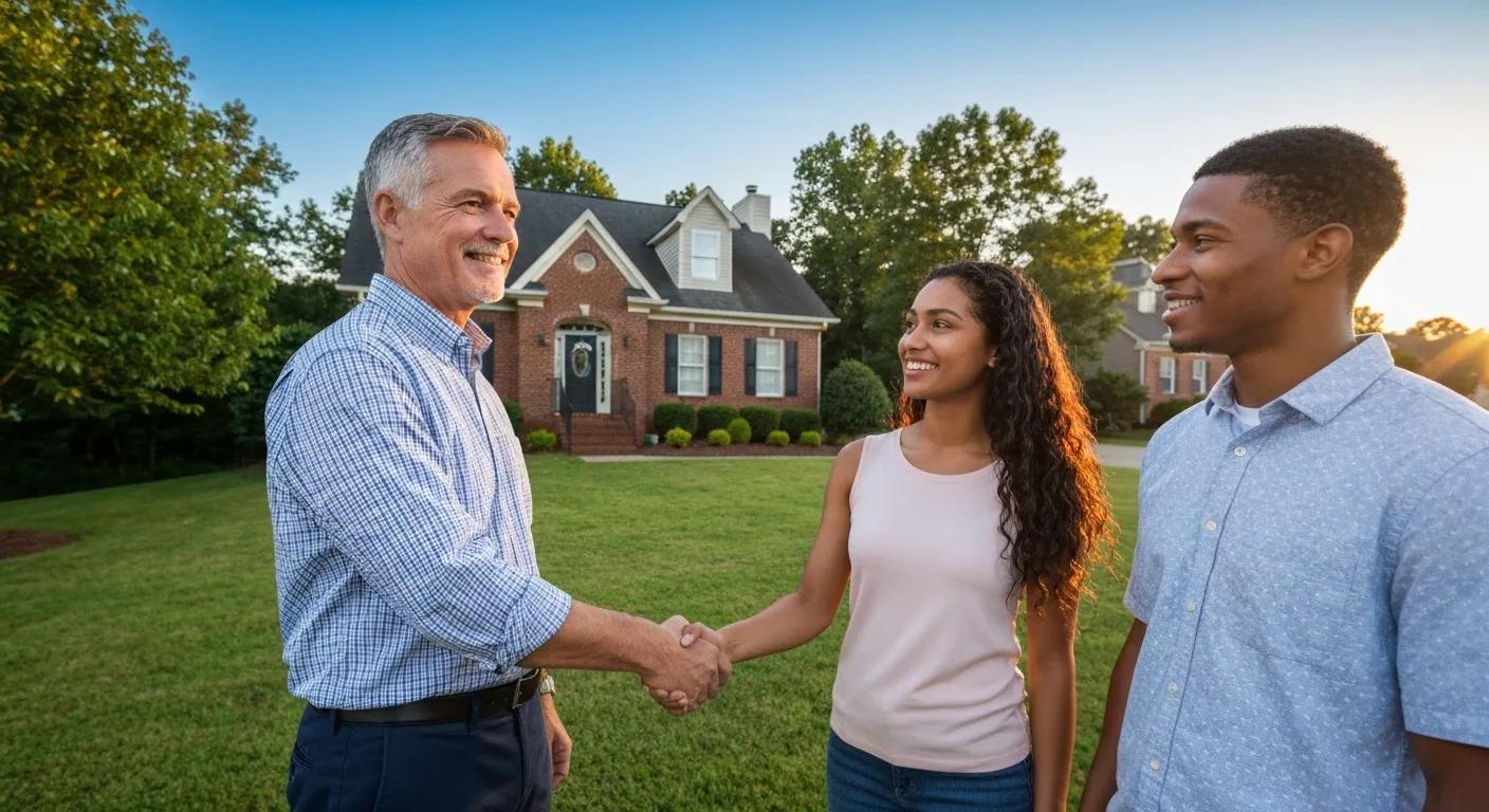 Friendly real estate agent shaking hands with clients in front of a house in Waynesboro VA