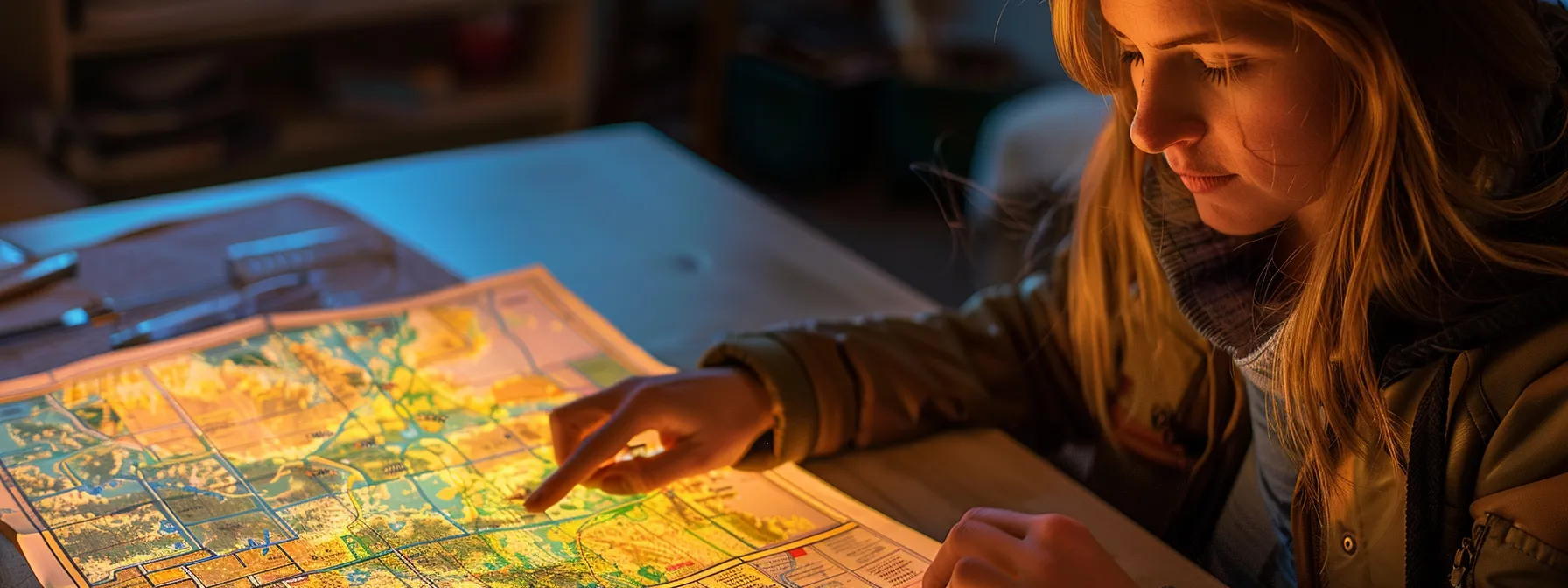 a person studying a detailed map with colored zones and symbols to determine their property's flood risk.