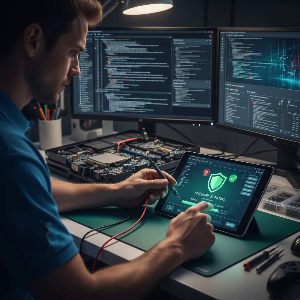Technician using tablet for malware removal, surrounded by computer components and multiple monitors displaying code and security software.
