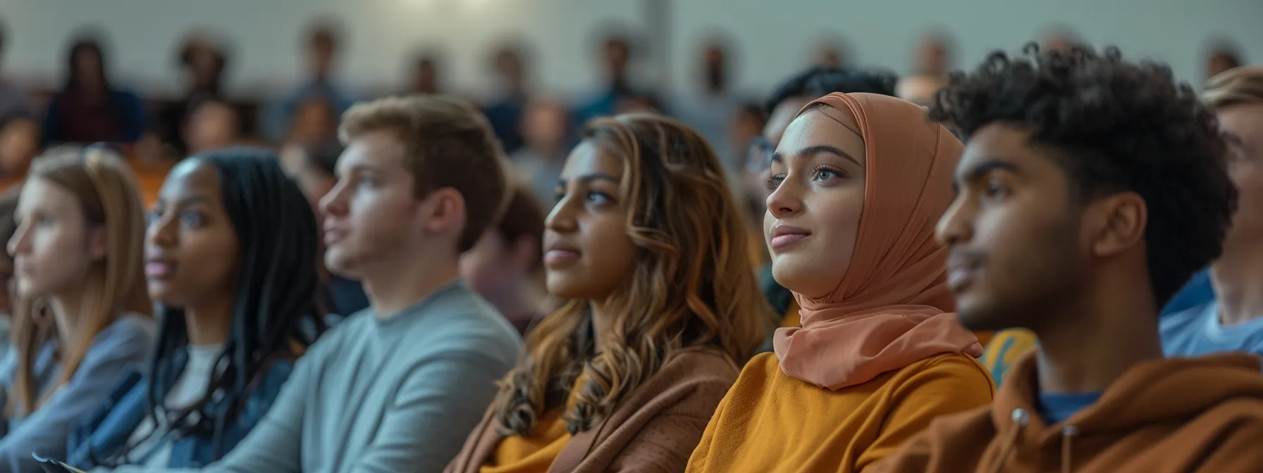 a group of diverse students seated together in a university lecture hall, listening intently to the professor.