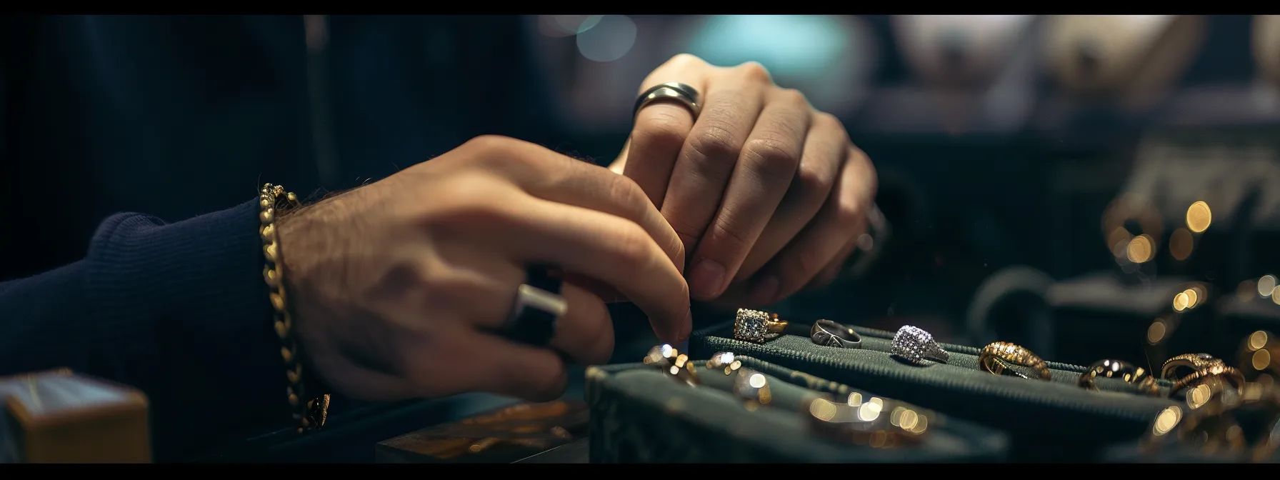 a man trying on different rings to find the perfect fit.