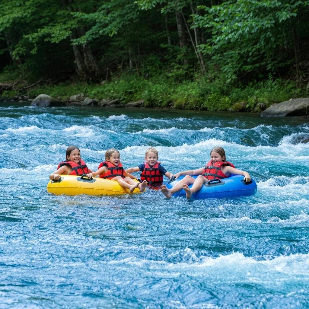 Family tubing on the Toccoa River, highlighting safe and enjoyable water activities for kids Family tubing on the Toccoa River, highlighting safe and enjoyable water activities for kids