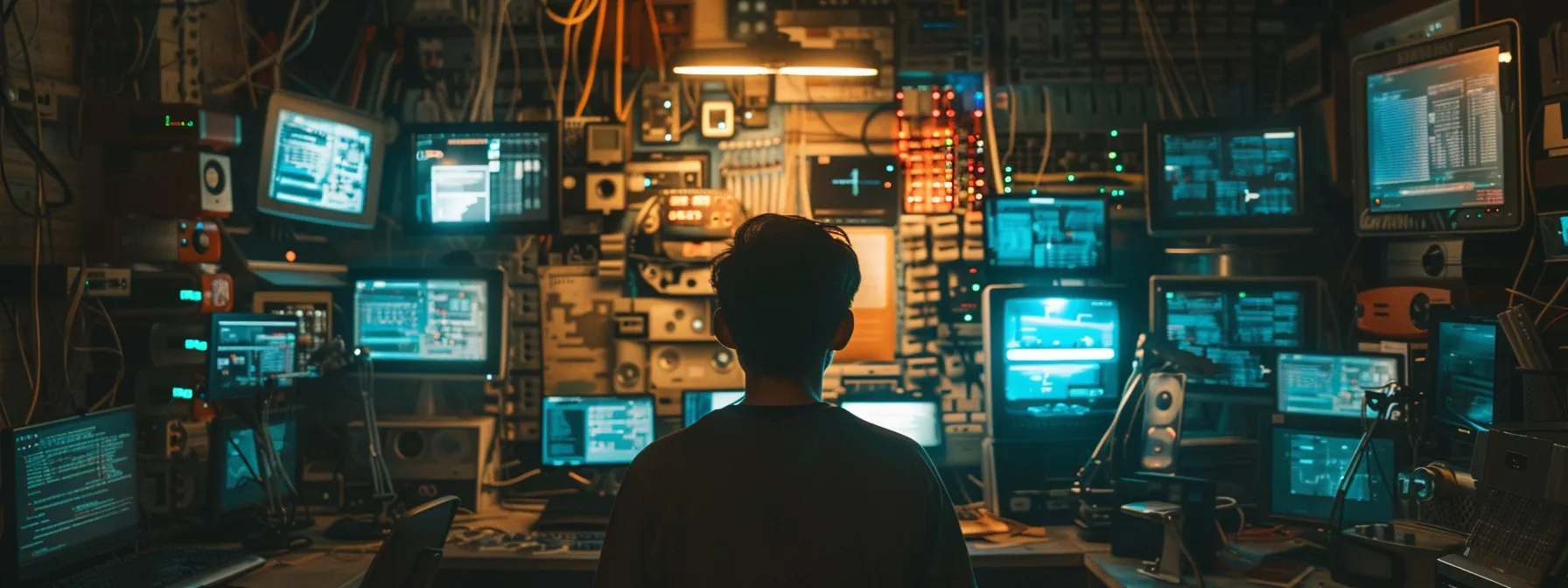 a person surrounded by digital devices and screens, working with precision and focus.