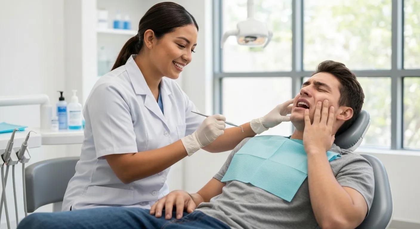 Dentist providing emergency dental care to a patient in distress
