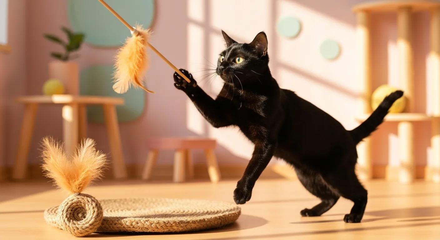 A cat playing with eco-friendly toys made from natural materials, including a jute scratch mat and bamboo feather wand