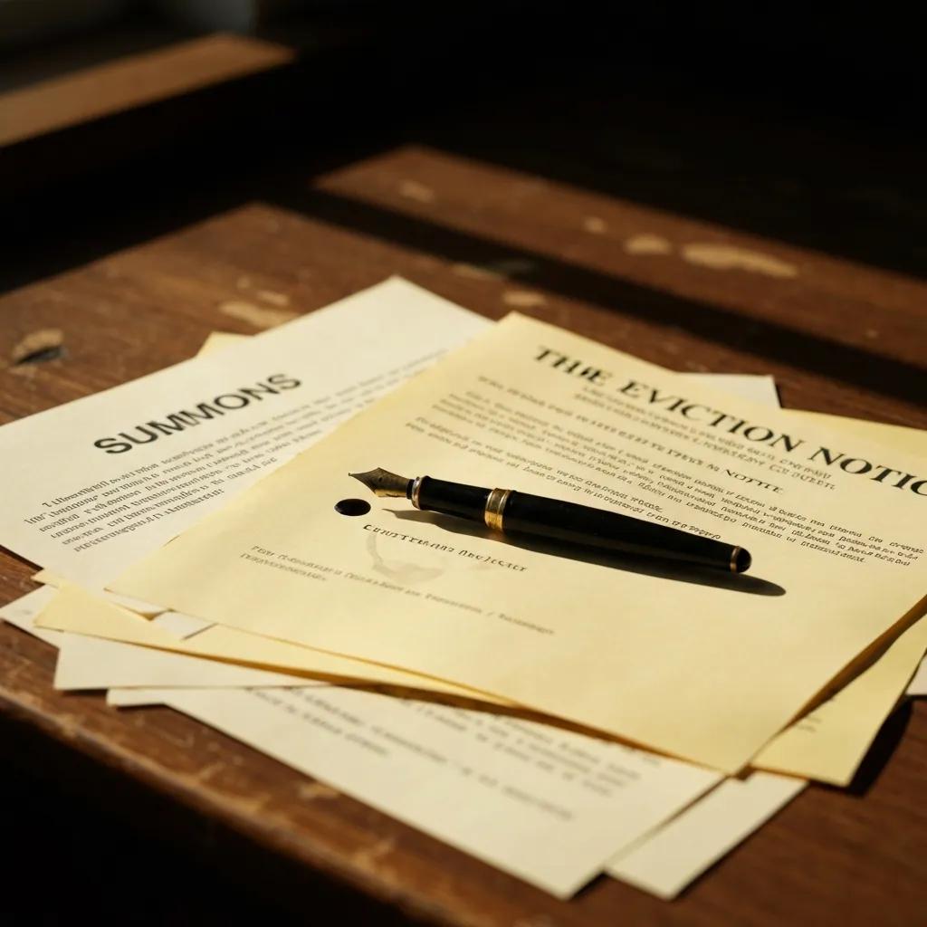 A selection of legal documents, including a summons and an eviction notice, laid out on a desk
