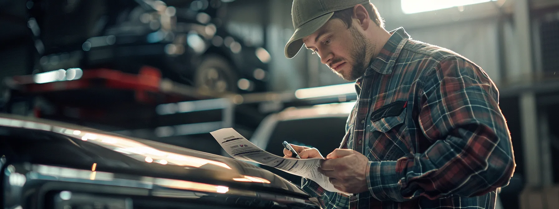 a mechanic examining a detailed list of warranty coverage on a used truck.