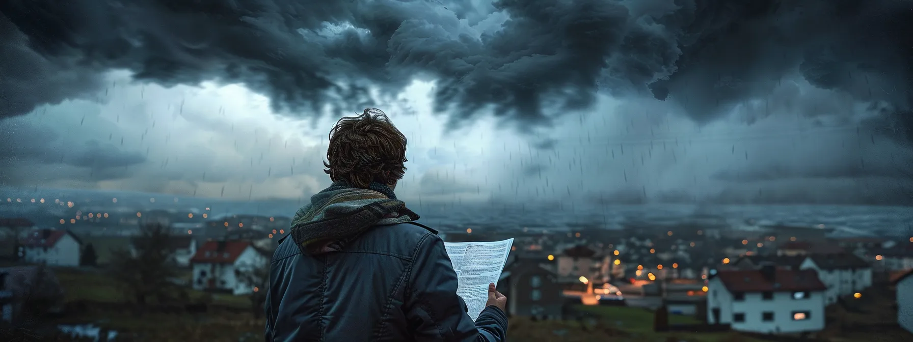 a renter holding an insurance policy document while looking worriedly at dark storm clouds looming over a coastal town.