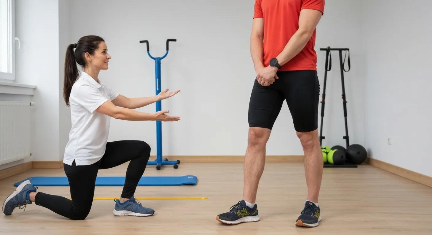 Physiotherapist assisting a runner with injury prevention techniques in a clinical setting