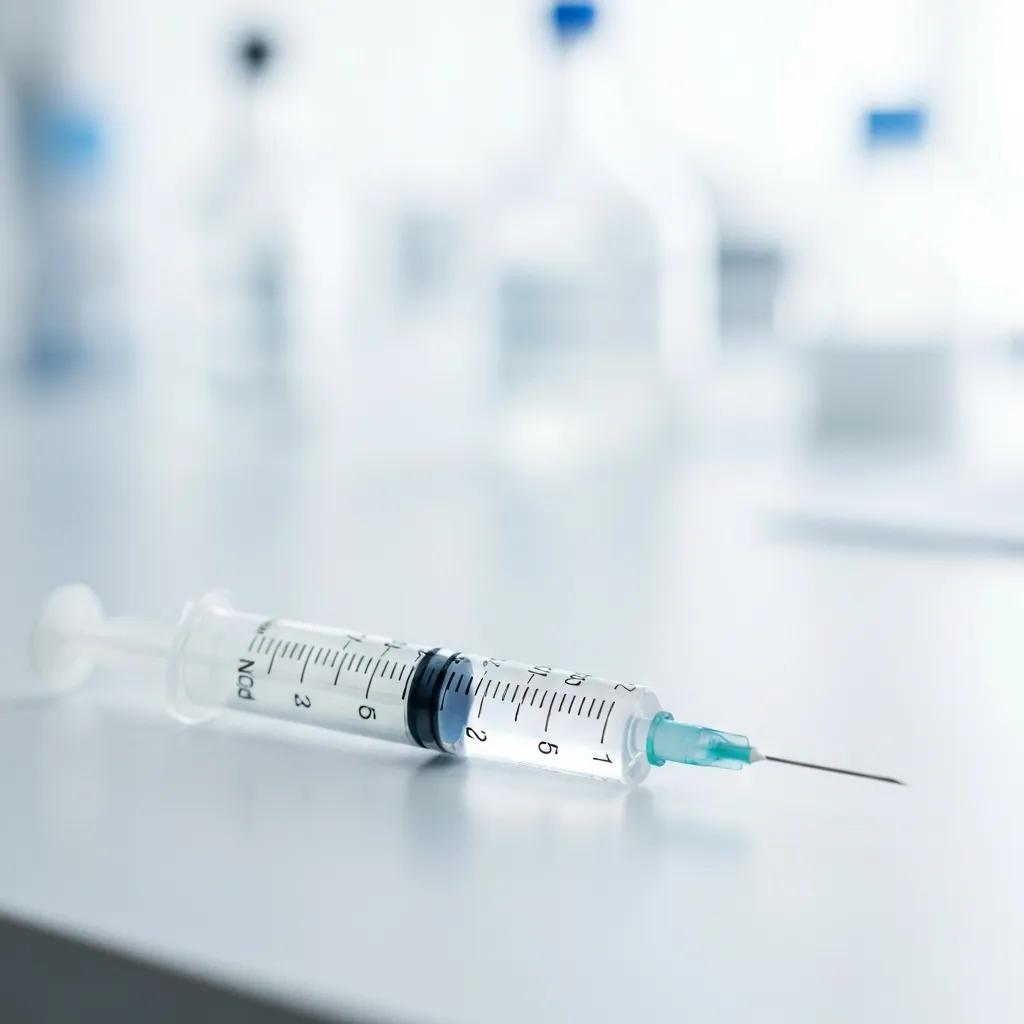 Close-up of a syringe with peptide solution, highlighting dosage protocols for retatrutide