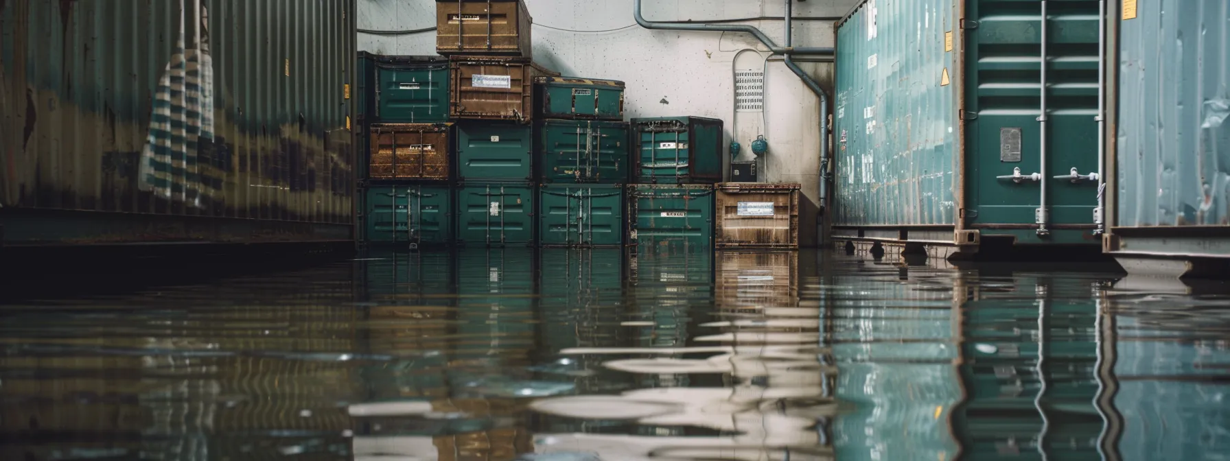 a stack of sealed, waterproof containers holding valuable possessions elevated above potential flood waters.