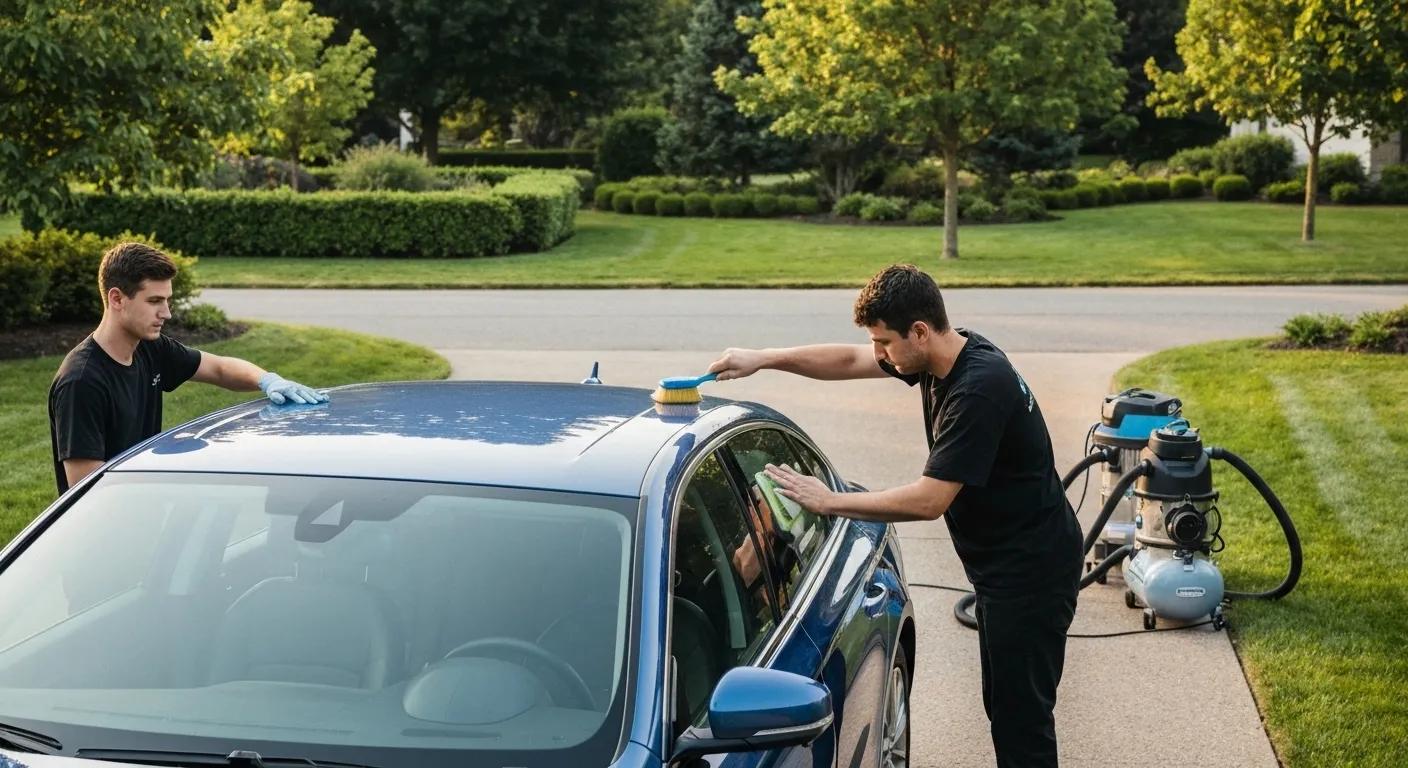Mobile car detailing van in a residential driveway, technicians providing detailing services to a car