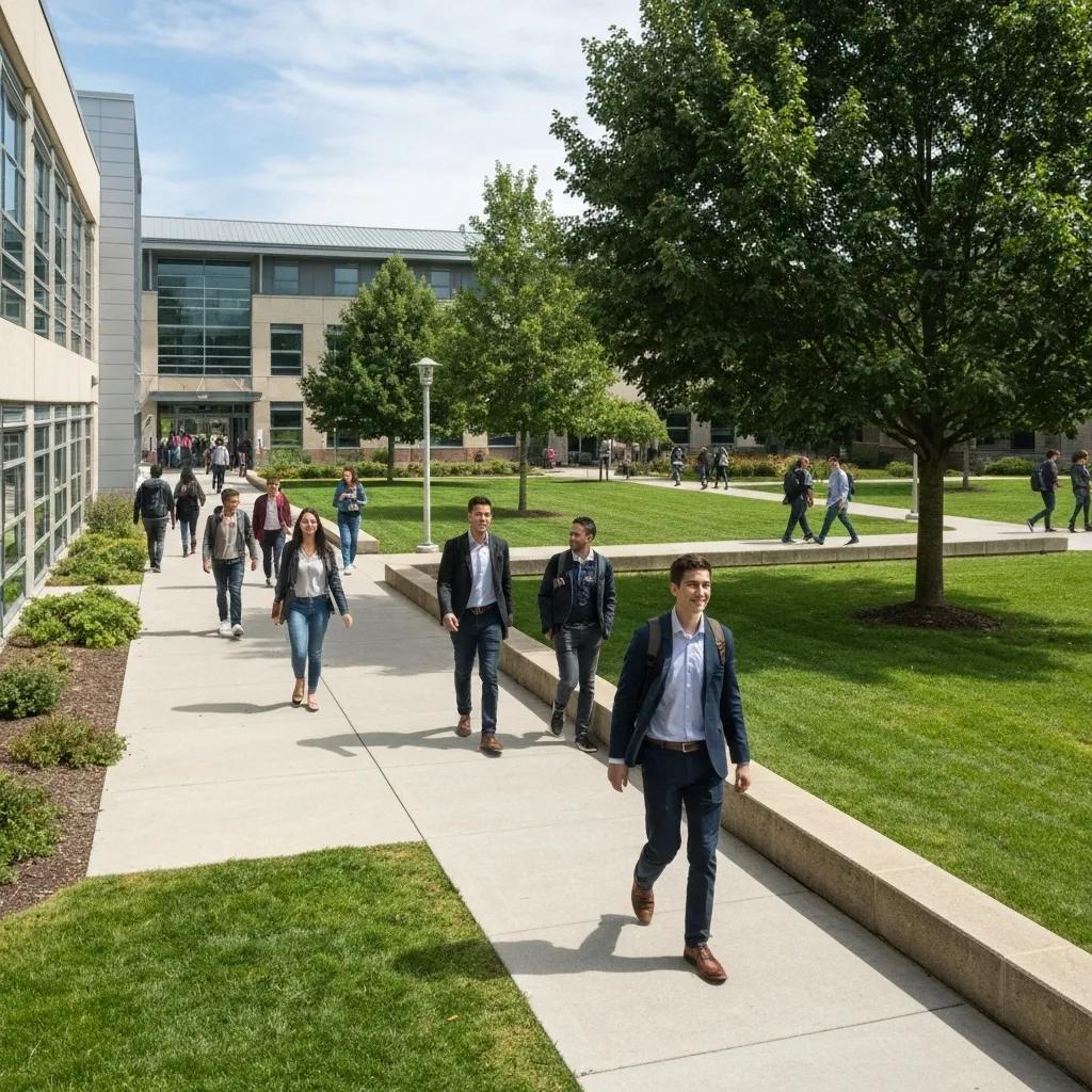 A vibrant and welcoming college campus scene with diverse students walking together