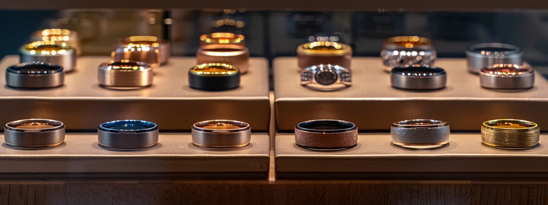 a display of classic men's wedding bands in various materials, showcasing the timeless appeal of gold, platinum, rose gold, and silver.