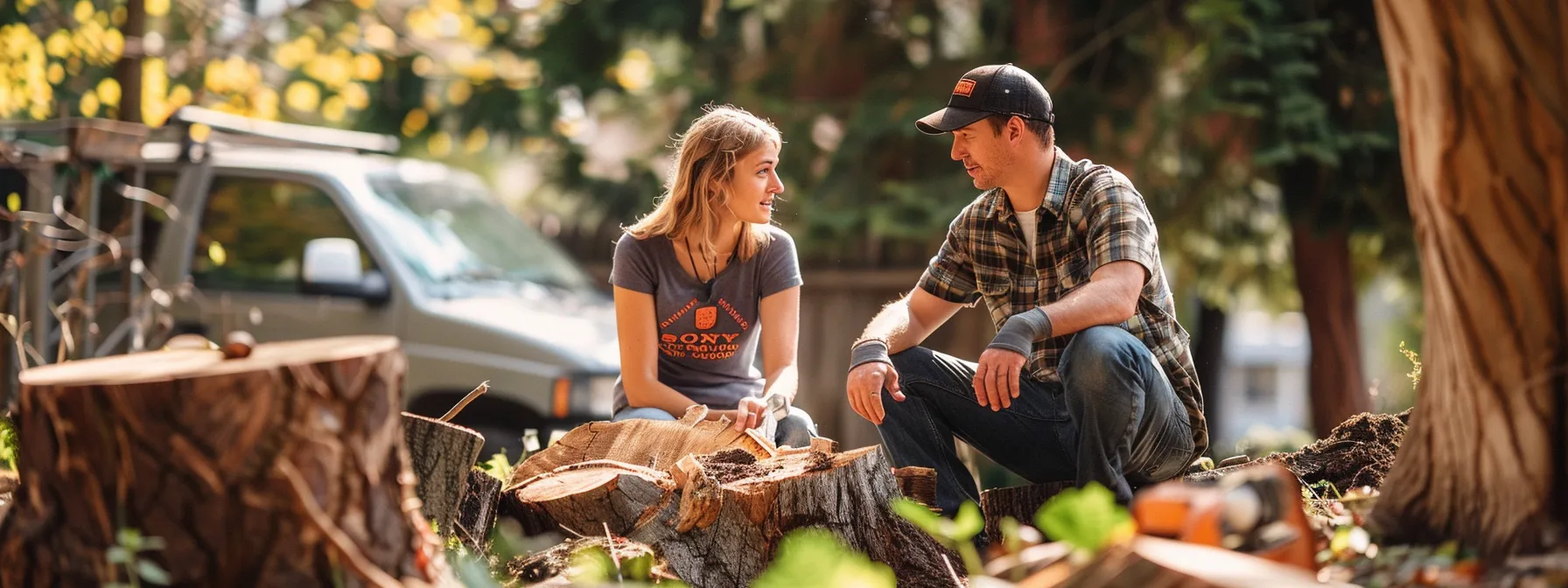 homeowner discussing with a tree stump grinding service provider about their experience with hardwood species, safety protocols, equipment used, and methods for preventing fungus spread.