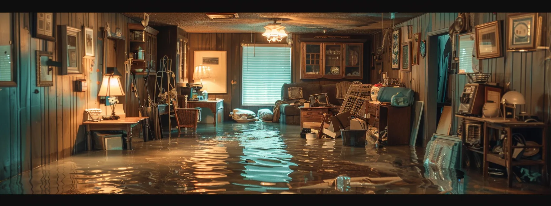 a home surrounded by floodwaters with personal belongings floating inside.