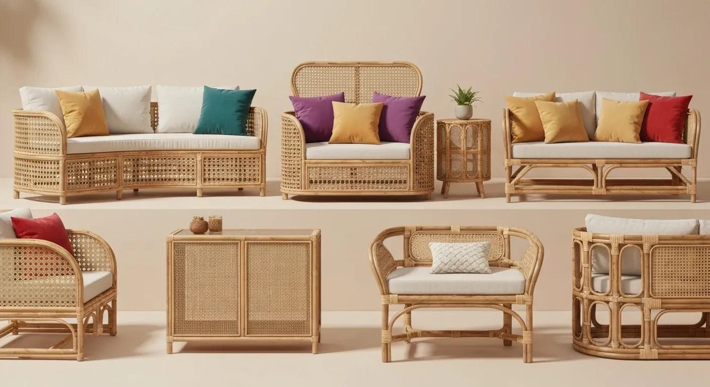 Detailed view of rattan furniture customisation options, highlighting various materials and textures