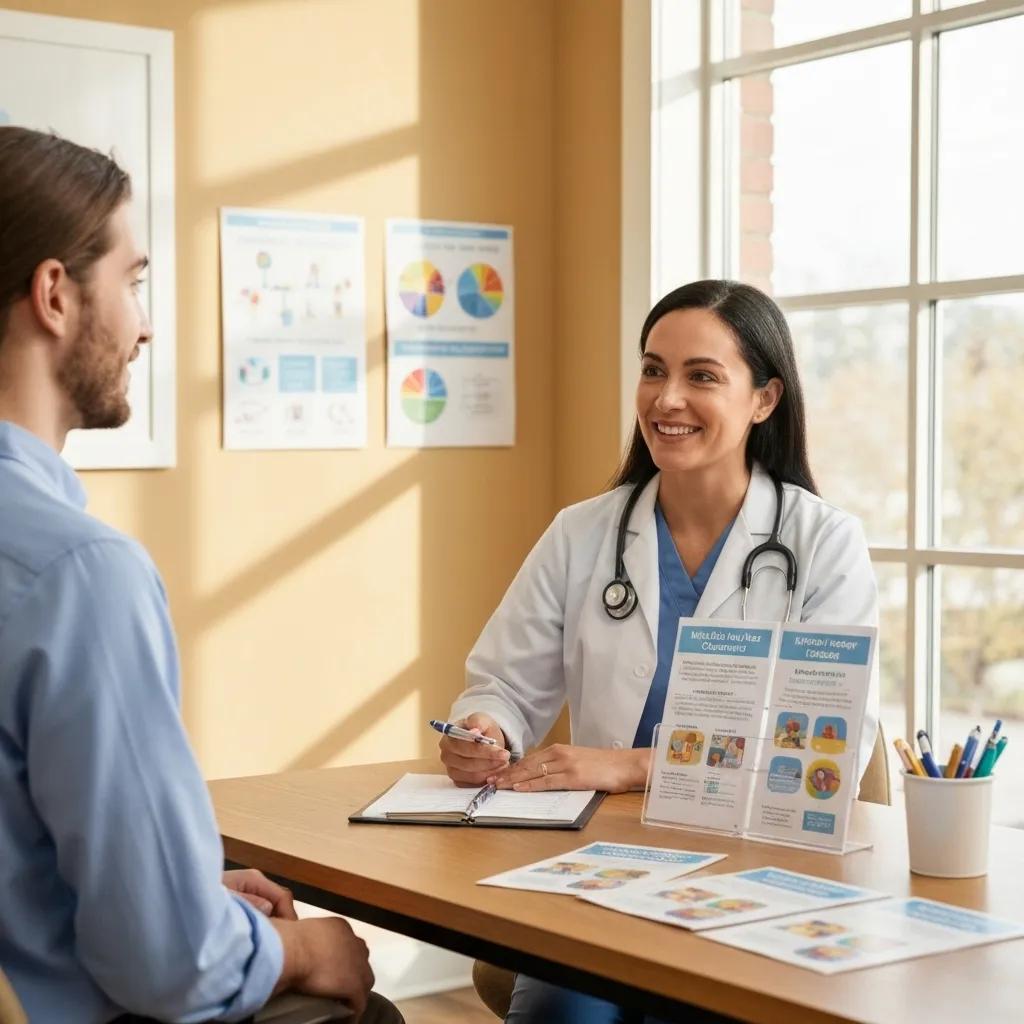 A healthcare professional kindly explaining Maryland Medicaid coverage for ABA therapy to a concerned parent
