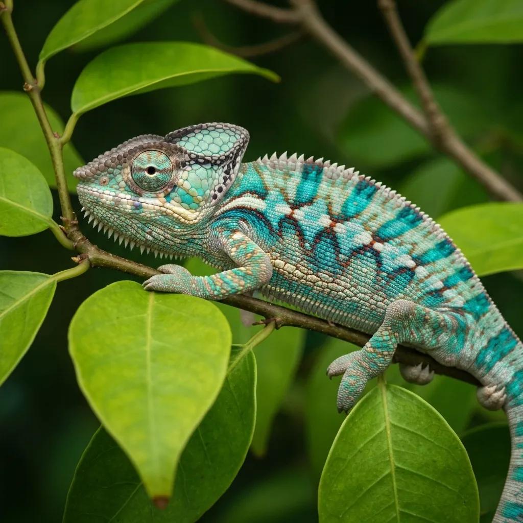 Veiled chameleon showing symptoms of metabolic bone disease, including bowed legs and swollen jaw