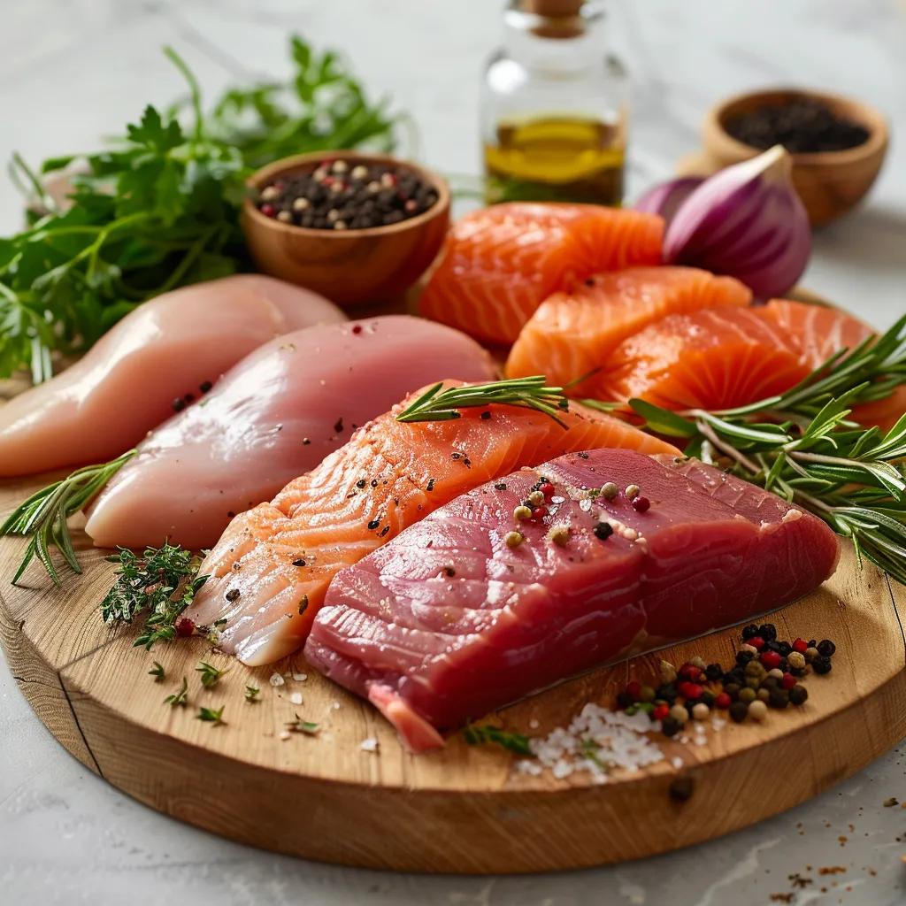Fresh protein sources like chicken, turkey, and salmon used in Natural Balance Wet Cat Food