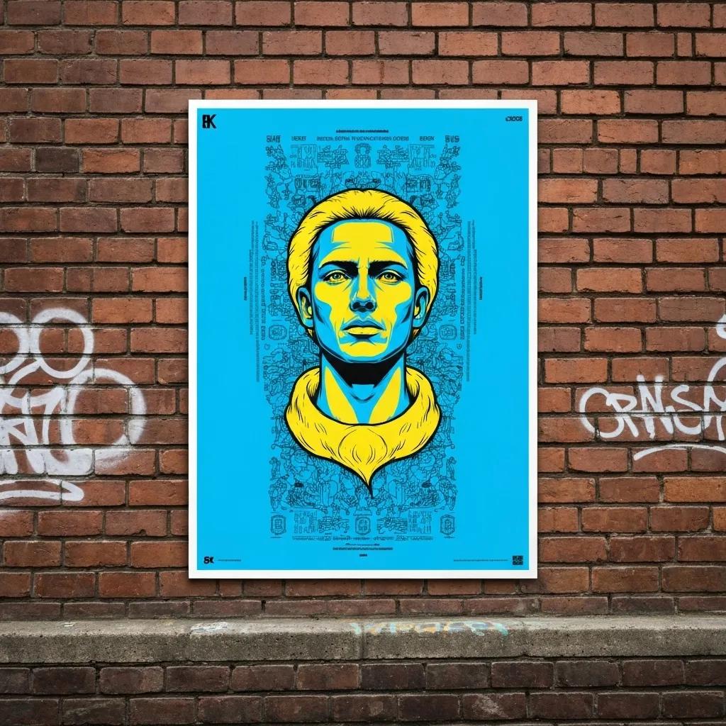 A striking wild posting with bold colors and minimal text stands out against a gritty urban wall