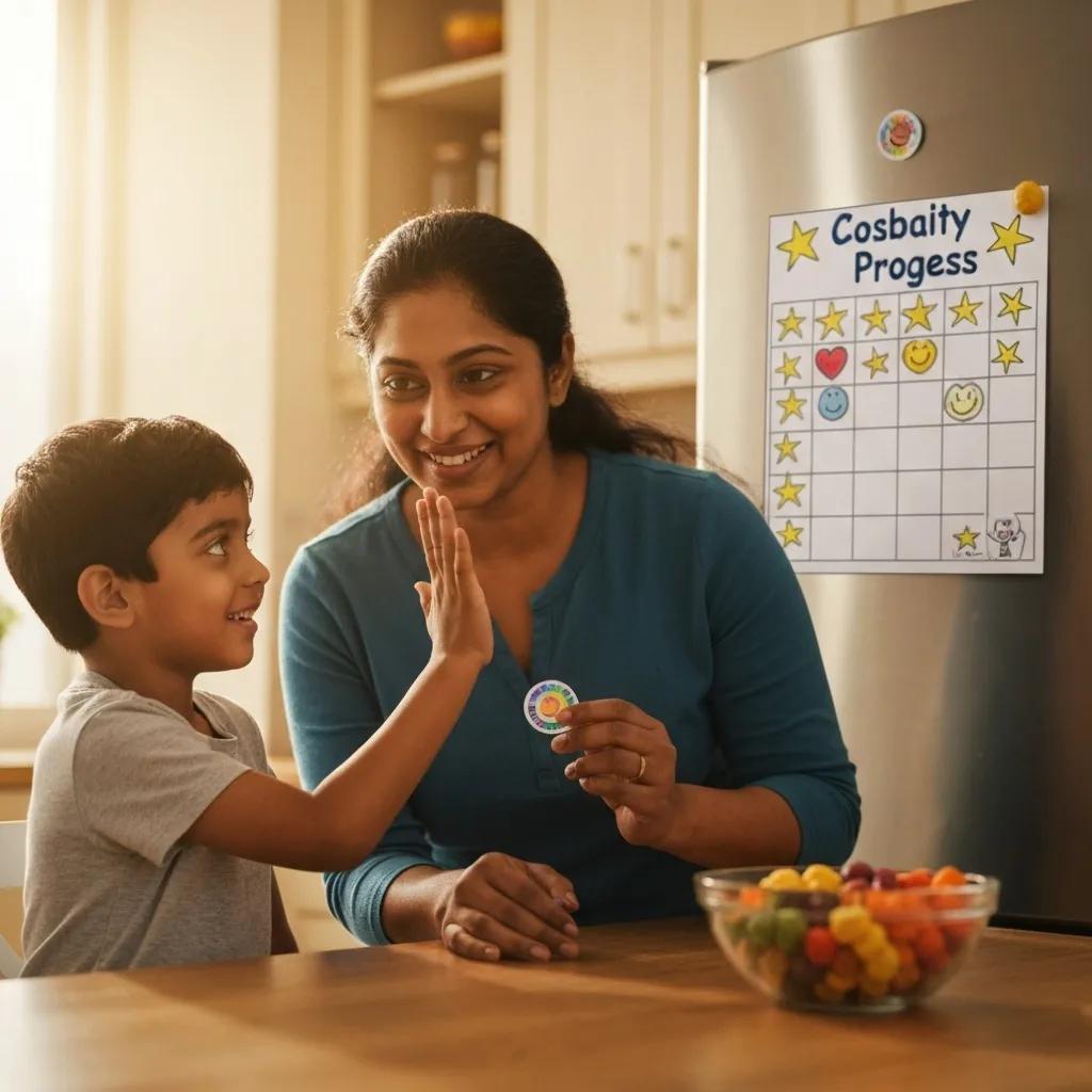 A family actively implementing positive behavior support techniques, showcasing the rewarding of good behavior