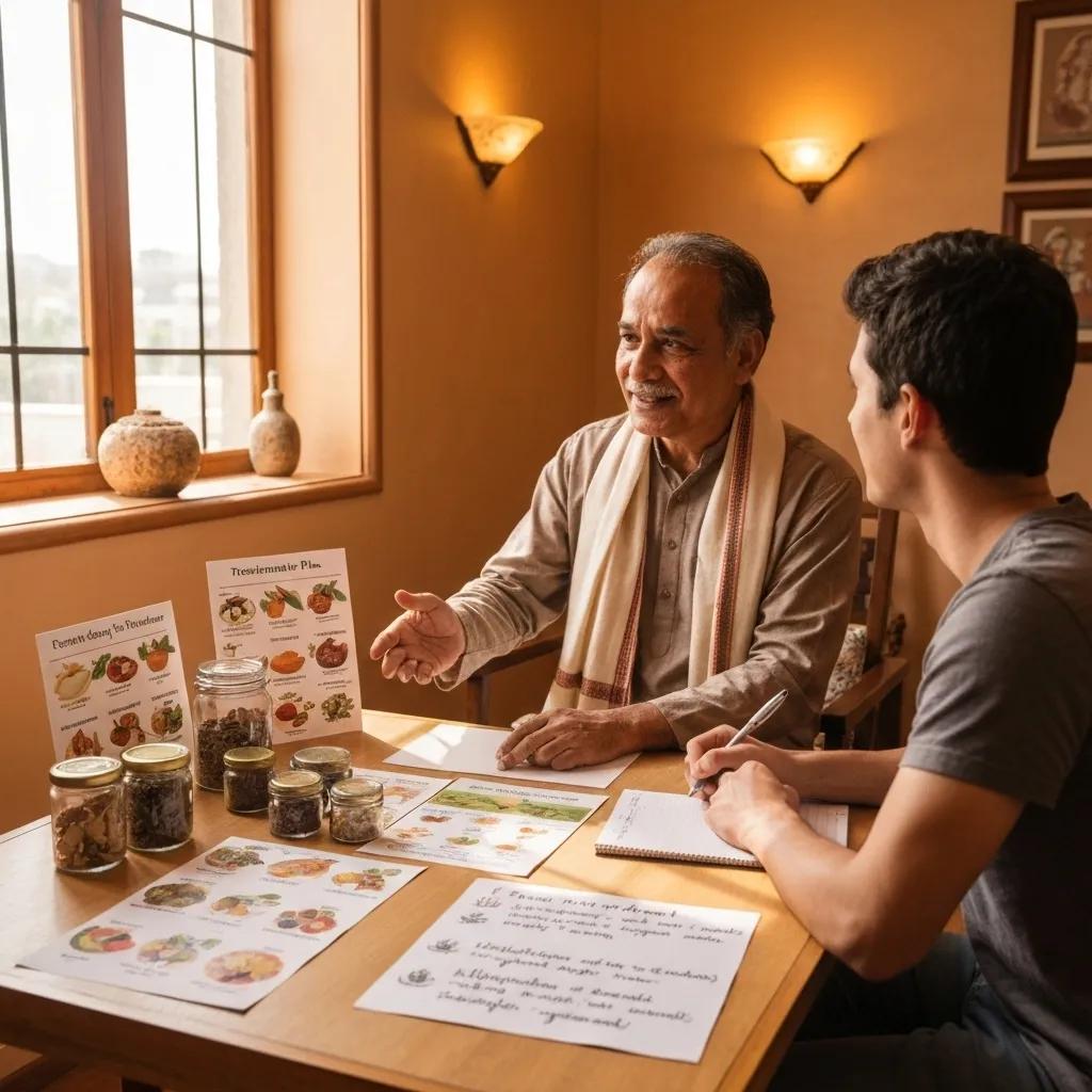 Practitioner and client discussing personalized Ayurvedic treatment plan with herbs and guidelines Practitioner and client discussing personalized Ayurvedic treatment plan with herbs and guidelines
