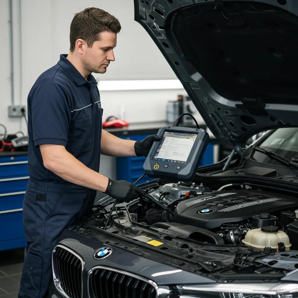 Professional technician performing diagnostic checks on a luxury European vehicle