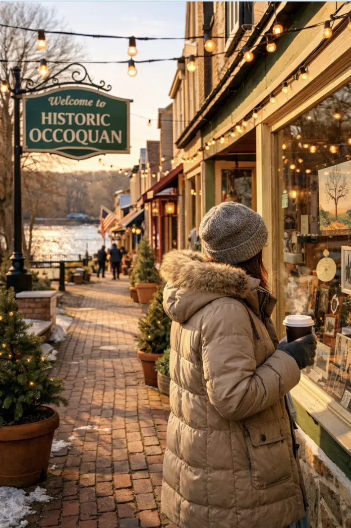 Historic Occoquan Virginia Main Street with charming shops and riverside views in Prince William County