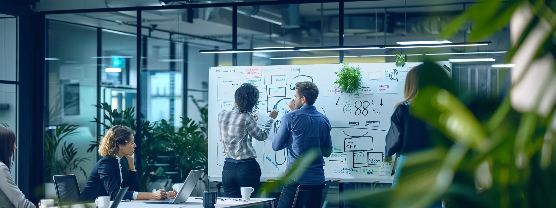 a team of designers collaboratively brainstorming and sketching out ideas on a large whiteboard in a bright, modern office space.