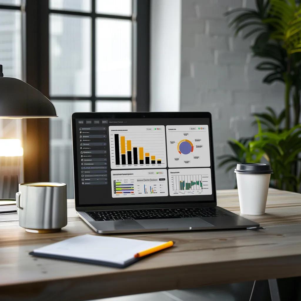 Modern workspace with laptop showing web hosting dashboard, notepad, coffee cup, and plant