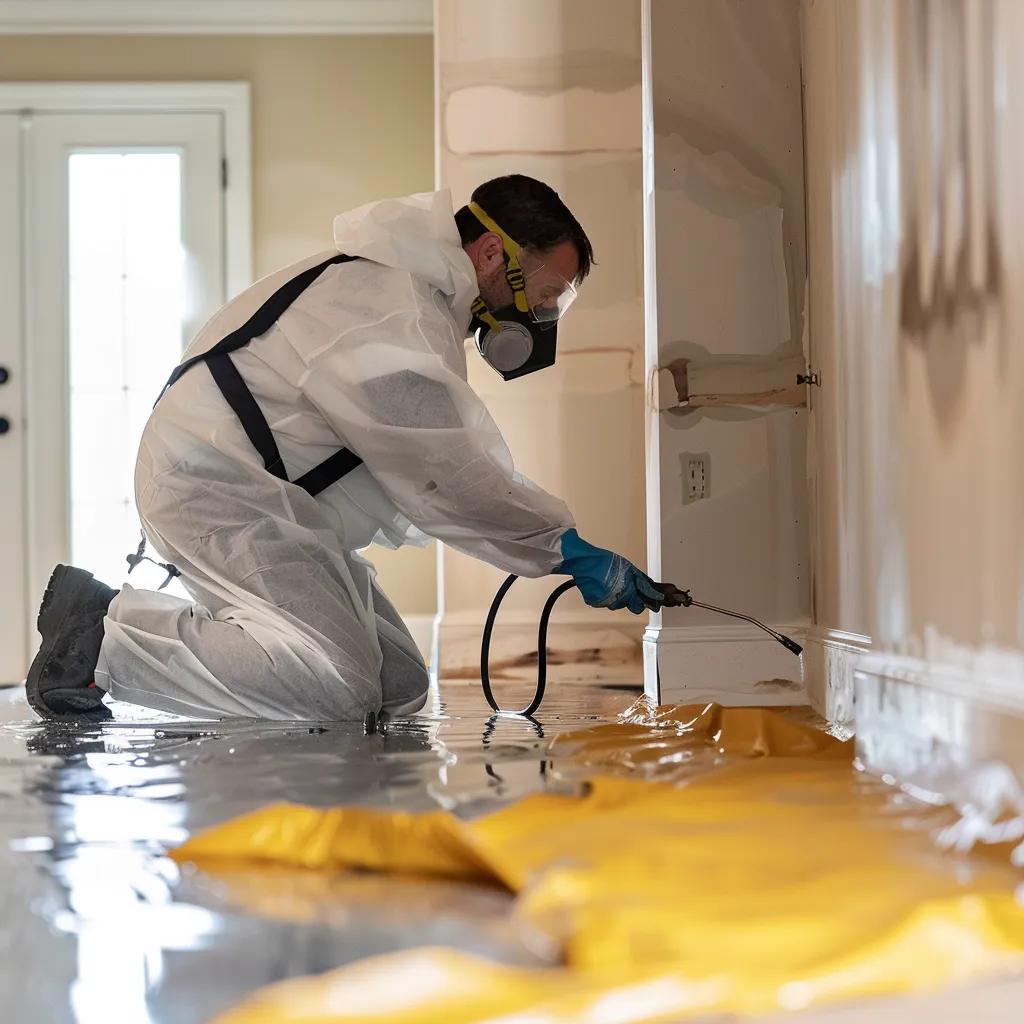Restoration technician applying antimicrobial treatment for mold prevention