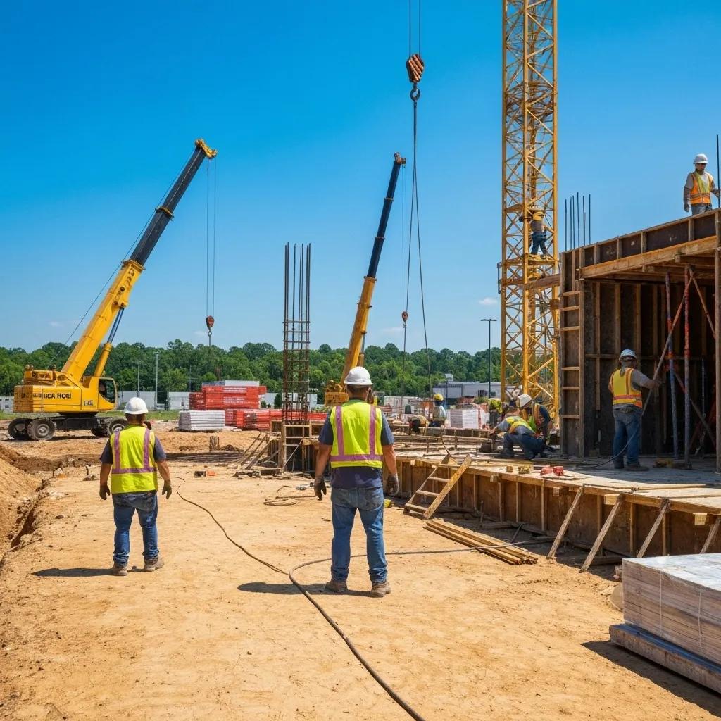Knoxville commercial construction site with workers and cranes