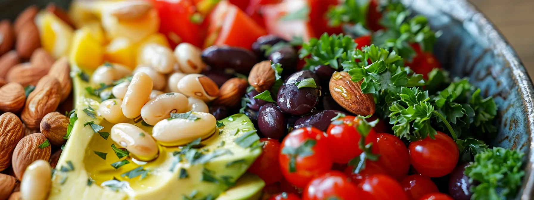 a colorful and balanced plate of food with vibrant olive oils, hearty beans, nutrient-rich almonds, and creamy avocado pieces.