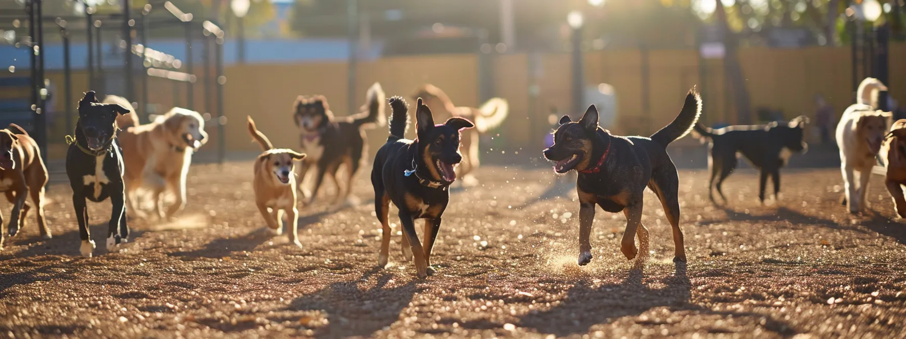 a group of dogs playfully chasing each other around a spacious outdoor dog boarding facility.